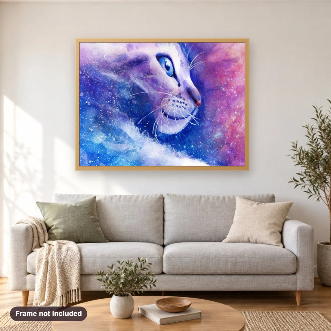 Cat Fantasy diamond painting shown framed on a living room wall above a sofa