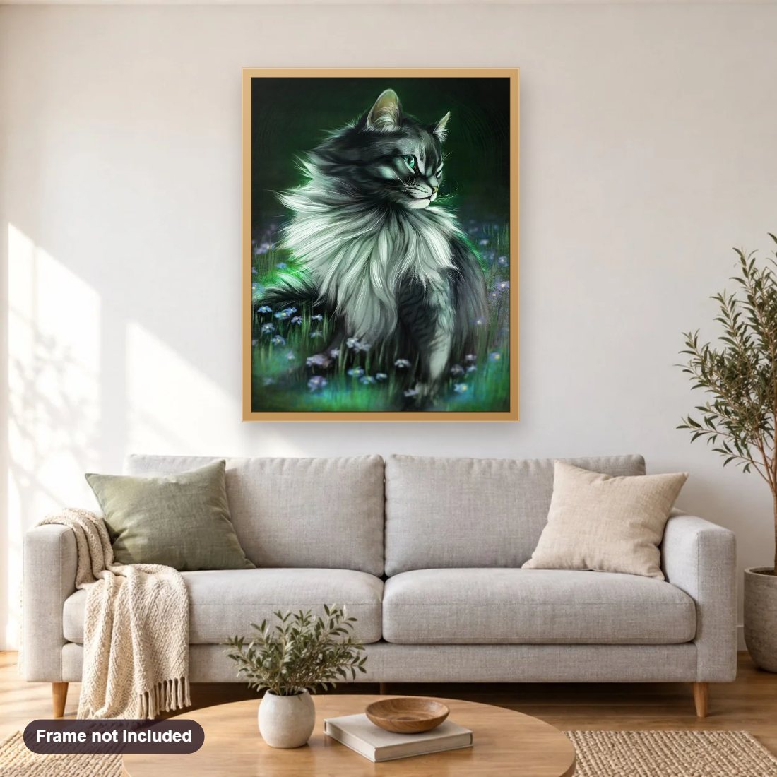 Cat diamond painting shown framed on a living room wall above a sofa