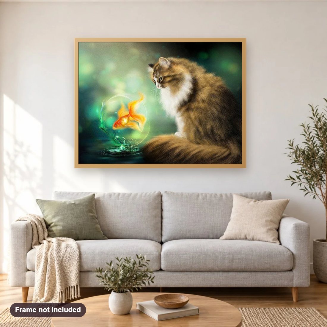 Cat & Goldfish diamond painting shown framed on a living room wall above a sofa