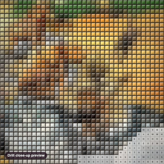 Close-up preview of the Cat in a Safari Hat diamond painting with square 5D drills and printed canvas symbols