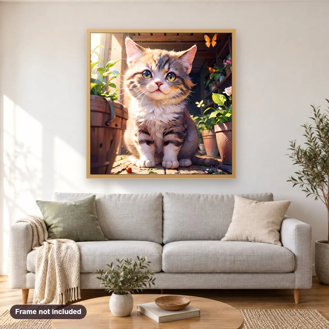 Cat in Plants diamond painting shown framed on a living room wall above a sofa