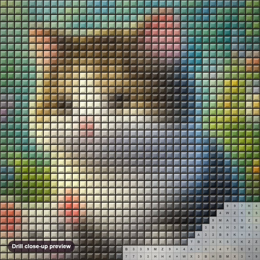 Close-up preview of the Cat & Mouse in Garden diamond painting with square 5D drills and printed canvas symbols