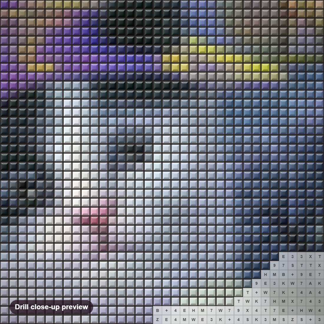 Close-up preview of the Cat & Mouse diamond painting with square 5D drills and printed canvas symbols
