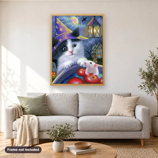 Cat & Mouse diamond painting shown framed on a living room wall above a sofa