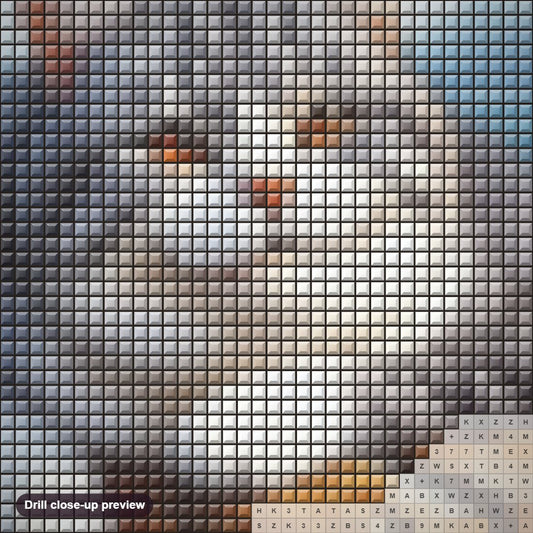 Close-up preview of the Cat Perched on Wood Adrift diamond painting with square 5D drills and printed canvas symbols