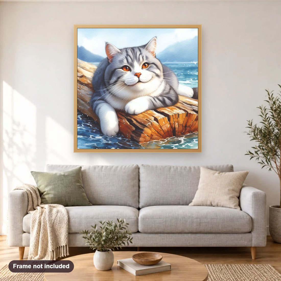 Cat Perched on Wood Adrift diamond painting shown framed on a living room wall above a sofa