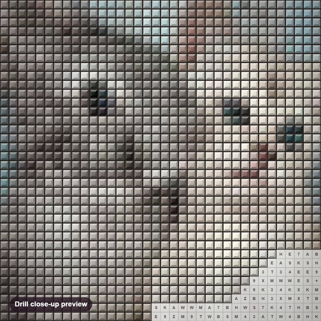 Close-up preview of the Cat & Rabbit diamond painting with square 5D drills and printed canvas symbols