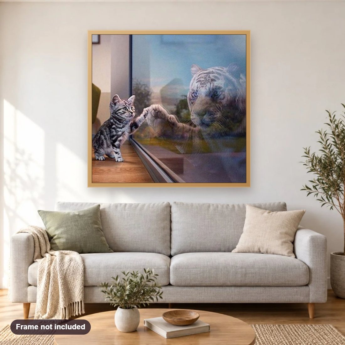 Cat Reflecting as Tiger diamond painting shown framed on a living room wall above a sofa