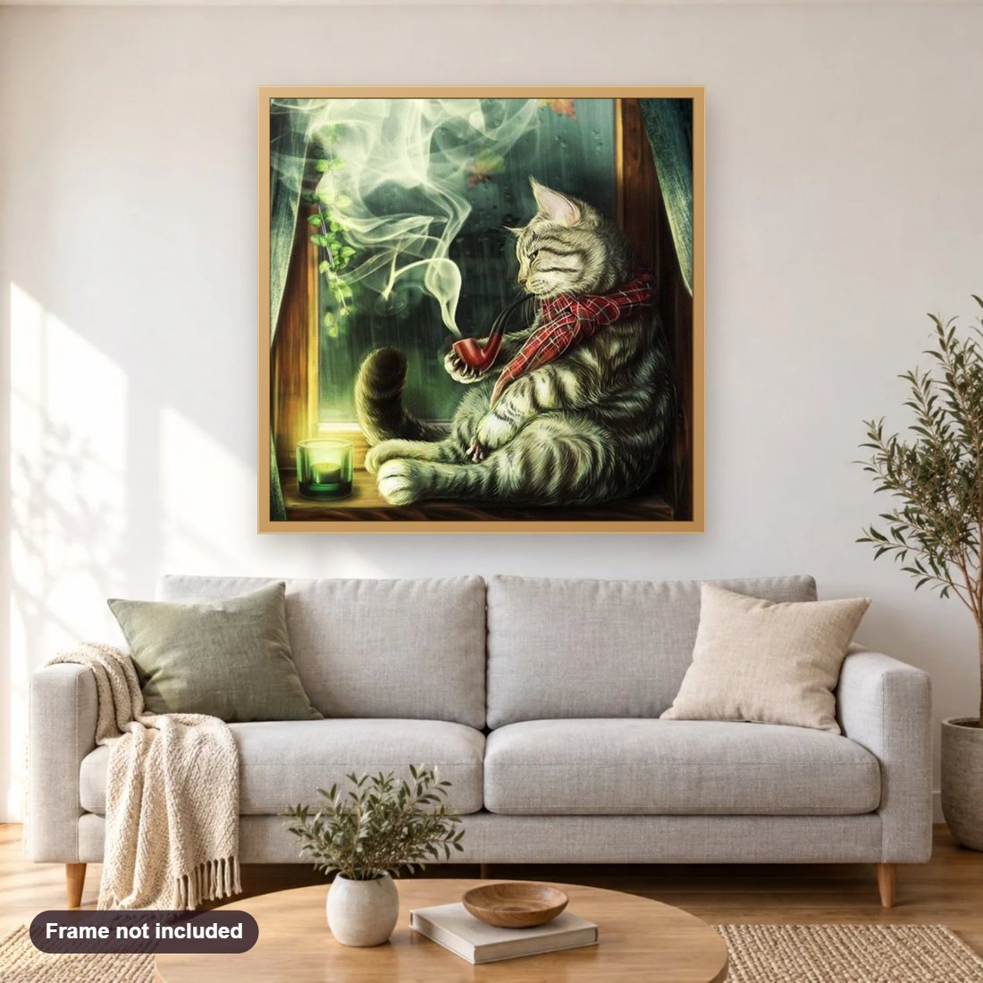Cat Smoking Cigar diamond painting shown framed on a living room wall above a sofa