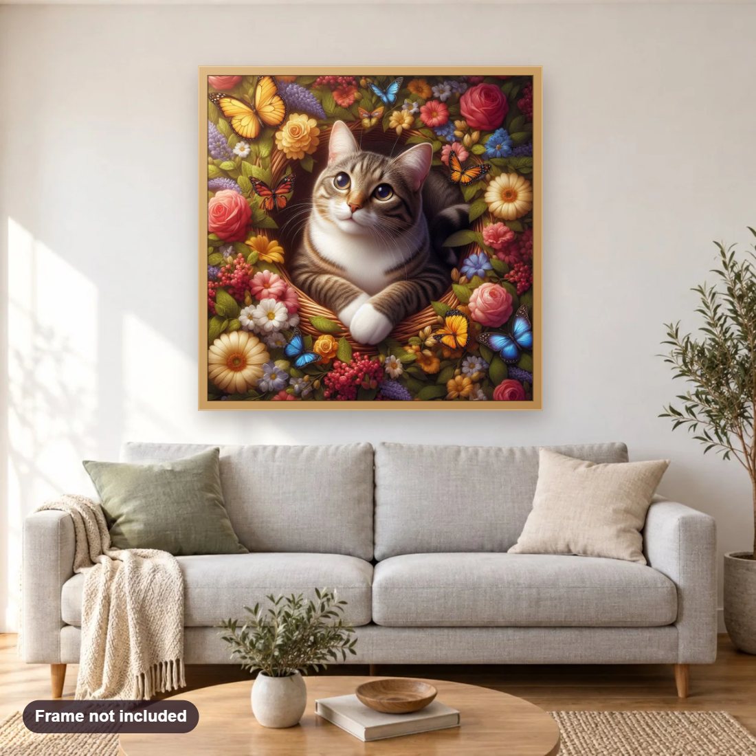 Cat Surrounded by Flowers & Butterflies diamond painting shown framed on a living room wall above a sofa