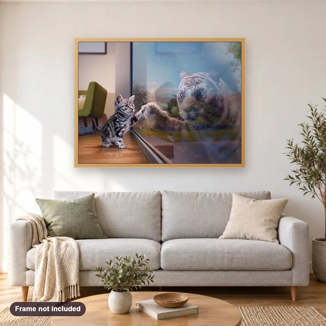 Cat & Tiger Reflection diamond painting shown framed on a living room wall above a sofa
