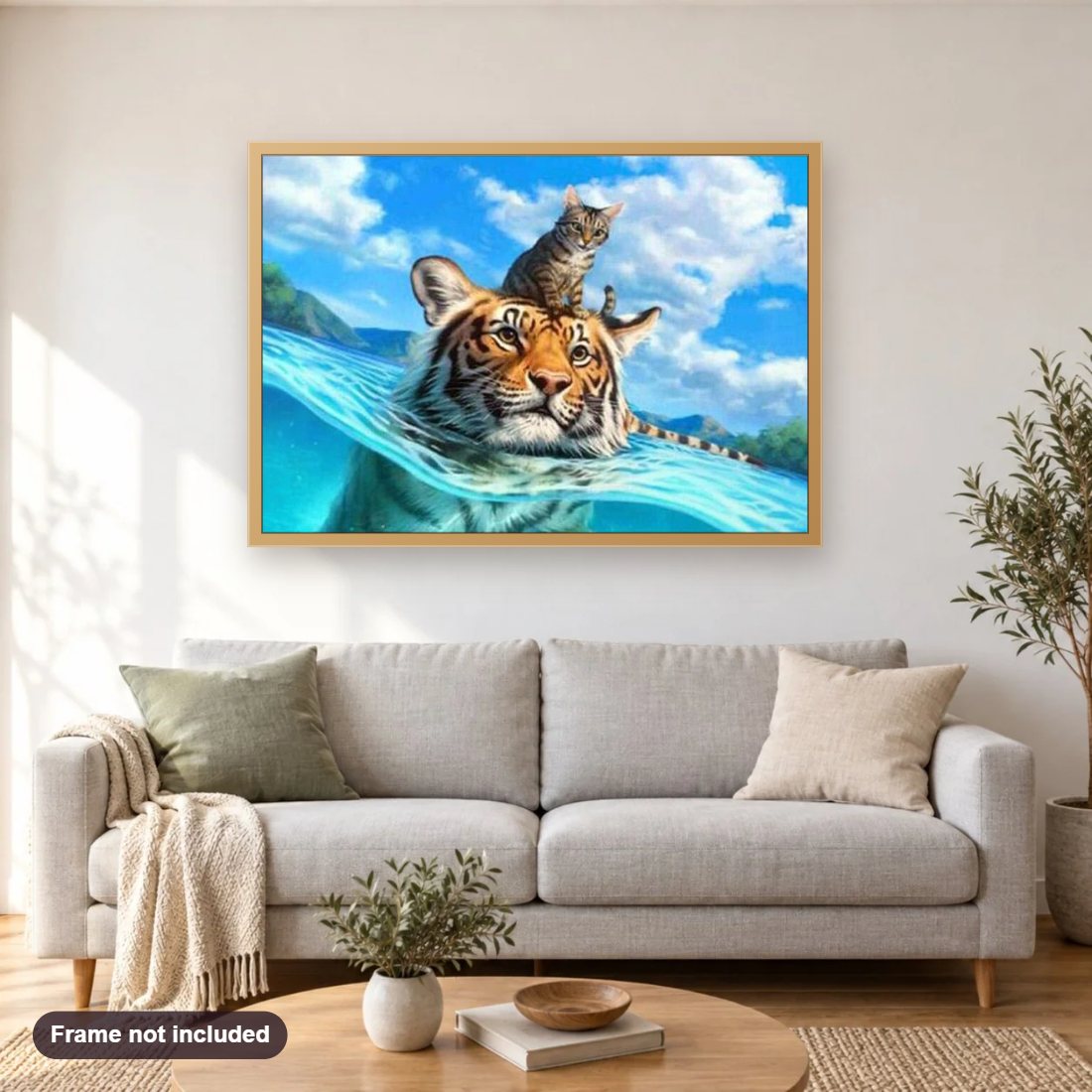 Cat & Tiger Swimming diamond painting shown framed on a living room wall above a sofa