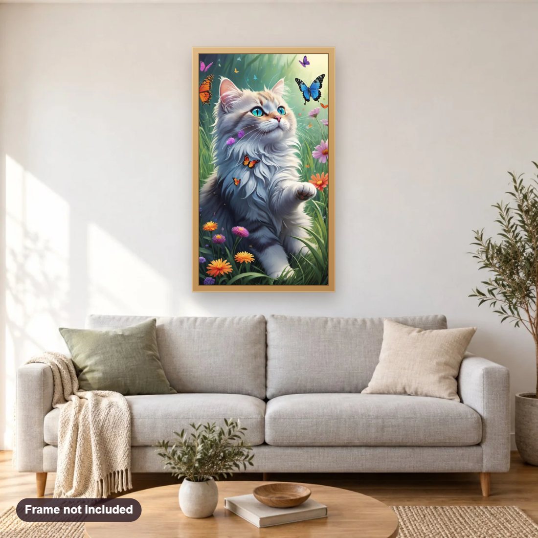 Cat With Butterflies diamond painting shown framed on a living room wall above a sofa