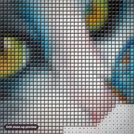 Close-up preview of the Cat with Butterfly on her Nose diamond painting with square 5D drills and printed canvas symbols