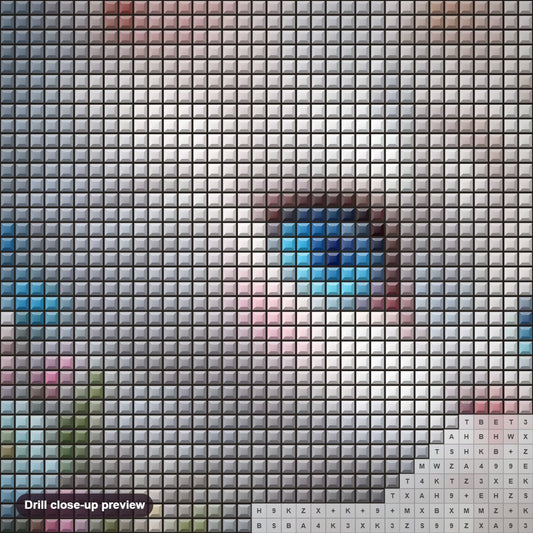 Close-up preview of the Cat with Sapphire Eyes Among Flowers diamond painting with square 5D drills and printed canvas symbols
