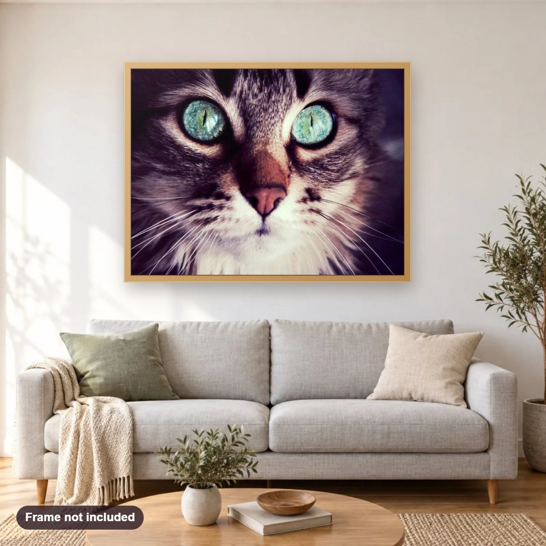 Cat with Turquoise Eyes diamond painting shown framed on a living room wall above a sofa