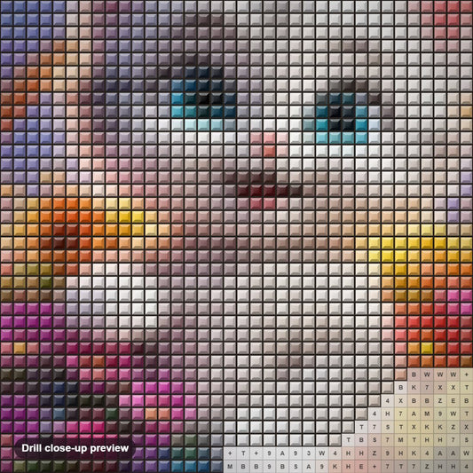 Close-up preview of the Cat With Vibrant Flowers diamond painting with square 5D drills and printed canvas symbols
