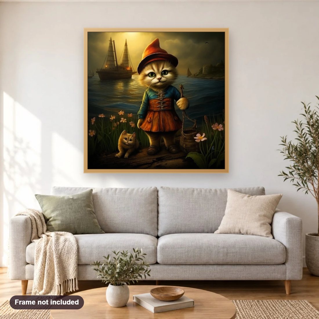 Cat's Grand Adventure diamond painting shown framed on a living room wall above a sofa