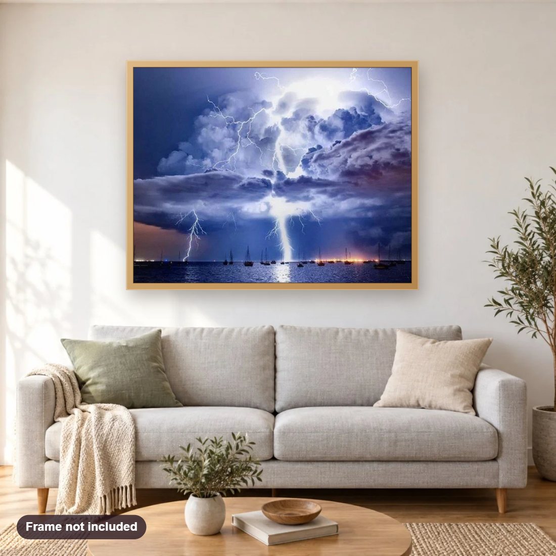 Catatumbo Lightning diamond painting shown framed on a living room wall above a sofa