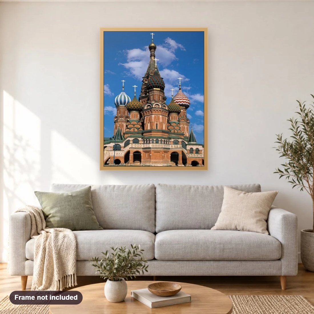 Cathedral in Moscow, Russia diamond painting shown framed on a living room wall above a sofa