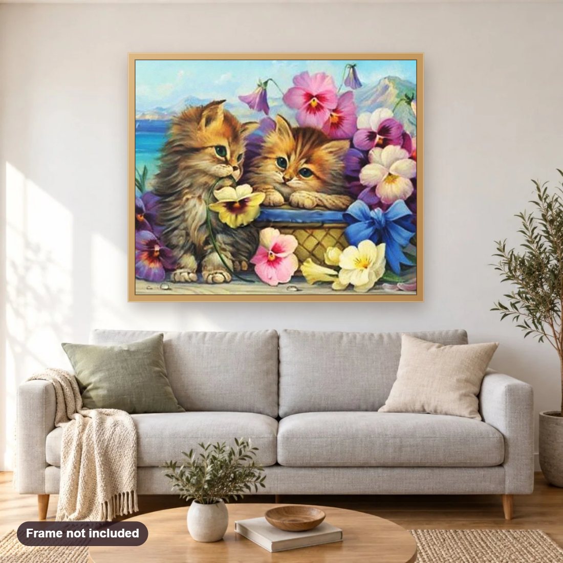 Cats & Colorful Flowers diamond painting shown framed on a living room wall above a sofa