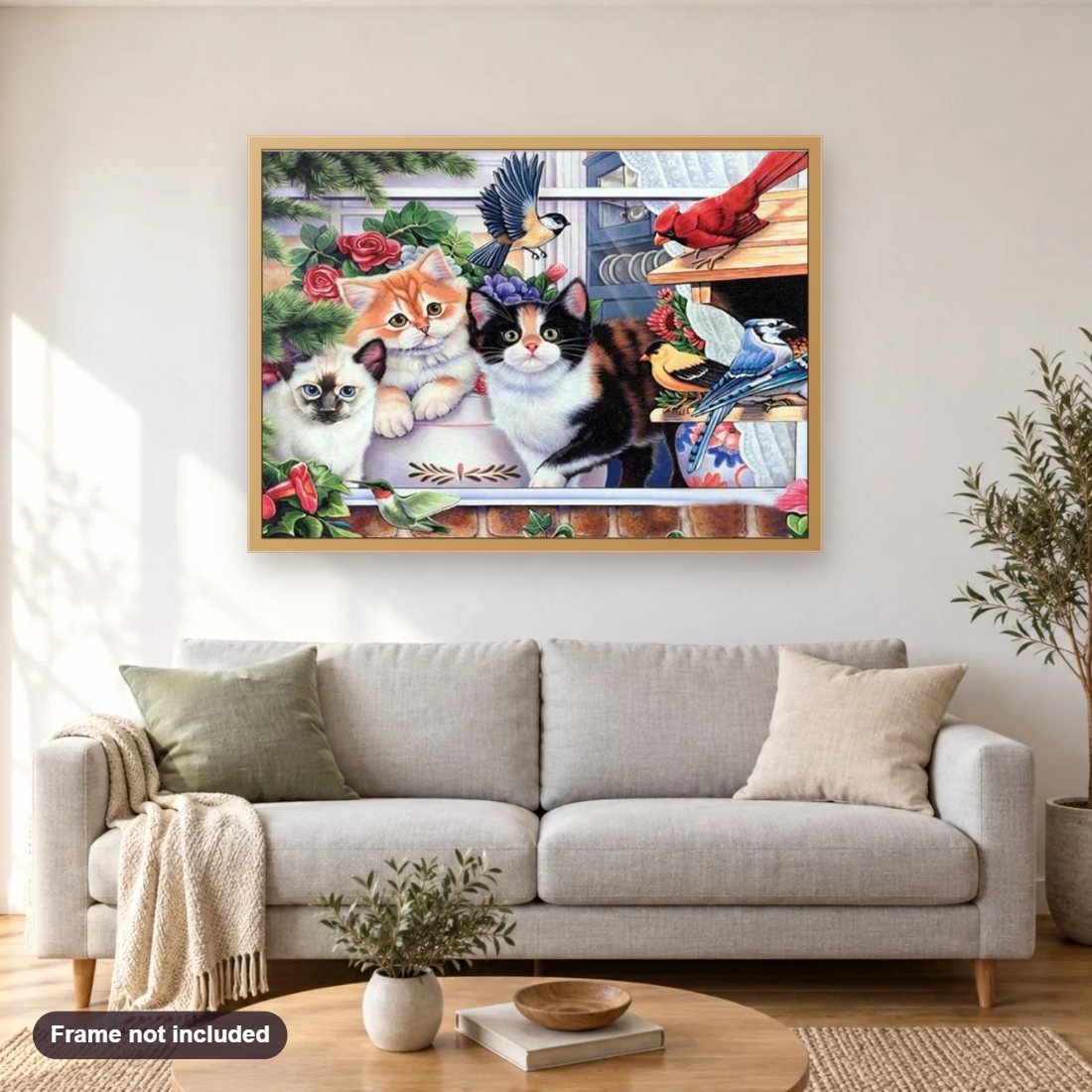 Cats & Birds DIY Diamond Paintings diamond painting shown framed on a living room wall above a sofa