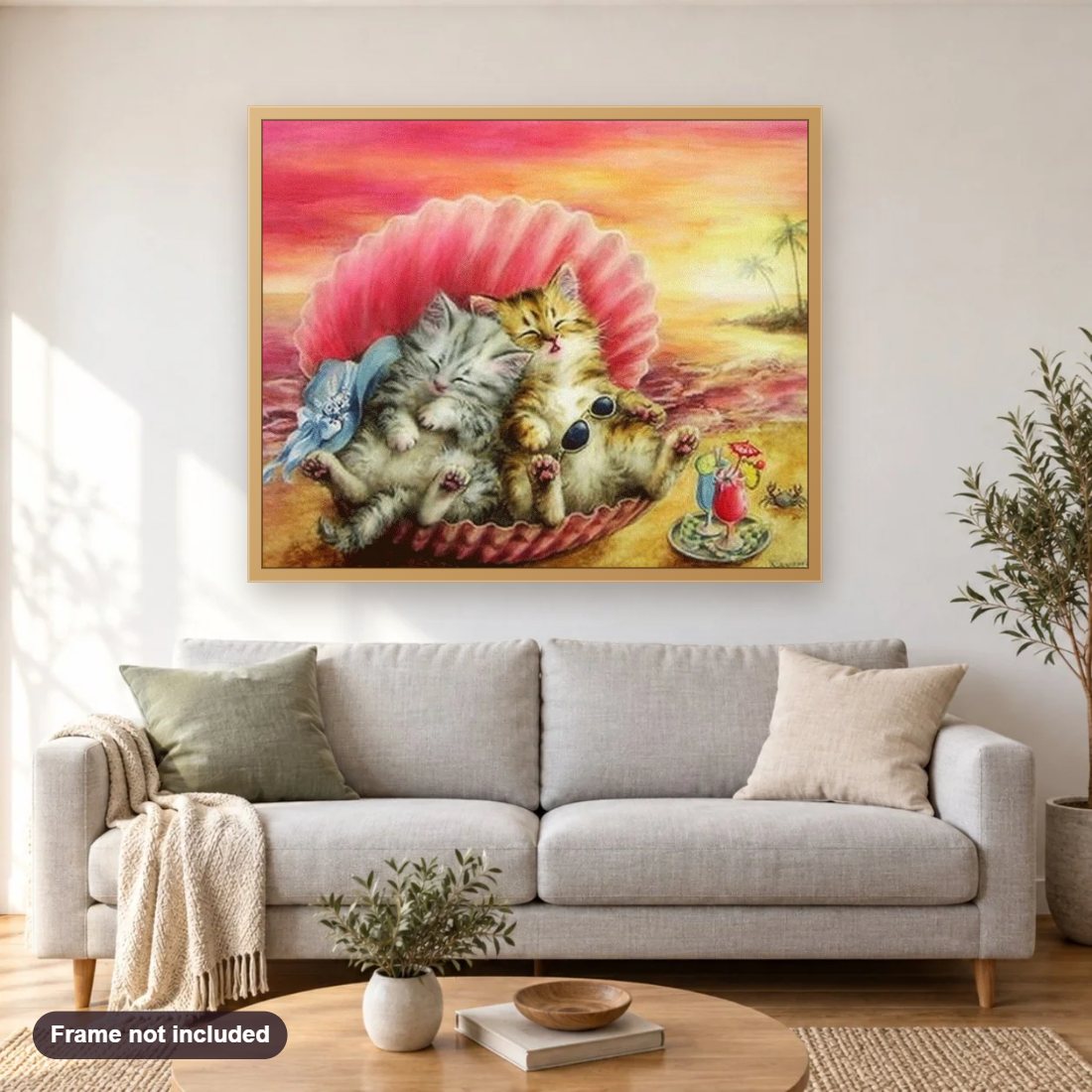 Cats on Beach diamond painting shown framed on a living room wall above a sofa