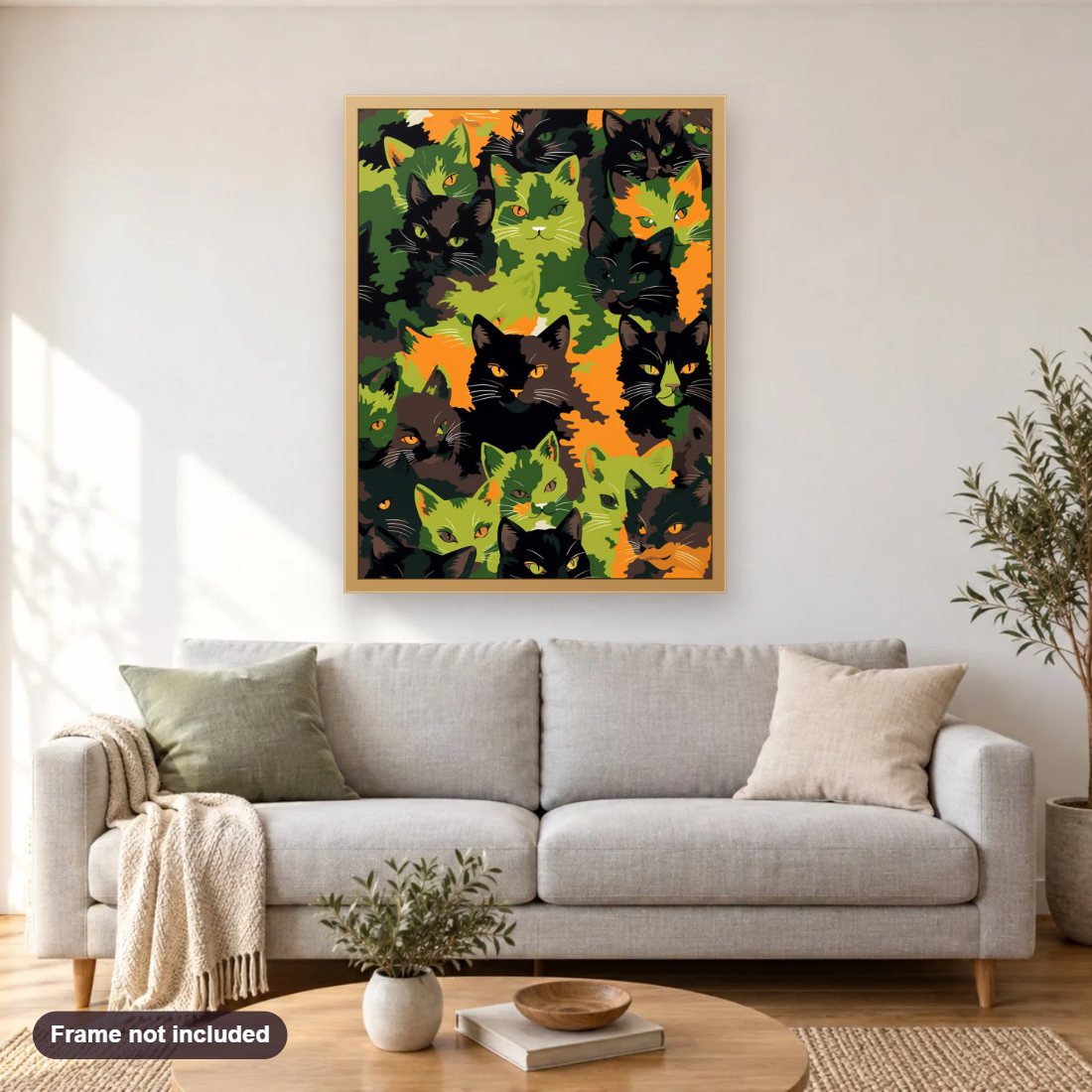 Cats or Leaves diamond painting shown framed on a living room wall above a sofa