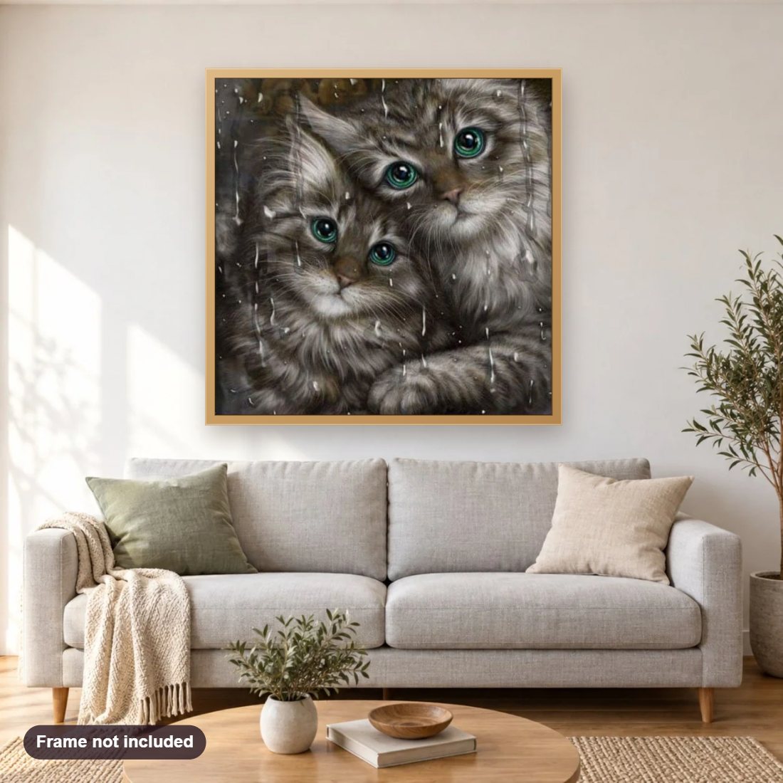 Cats Pair & Rainy Glass Window diamond painting shown framed on a living room wall above a sofa