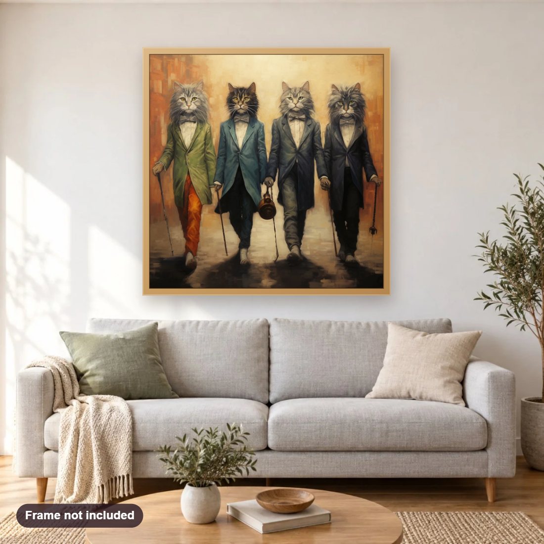 cats walk diamond painting shown framed on a living room wall above a sofa