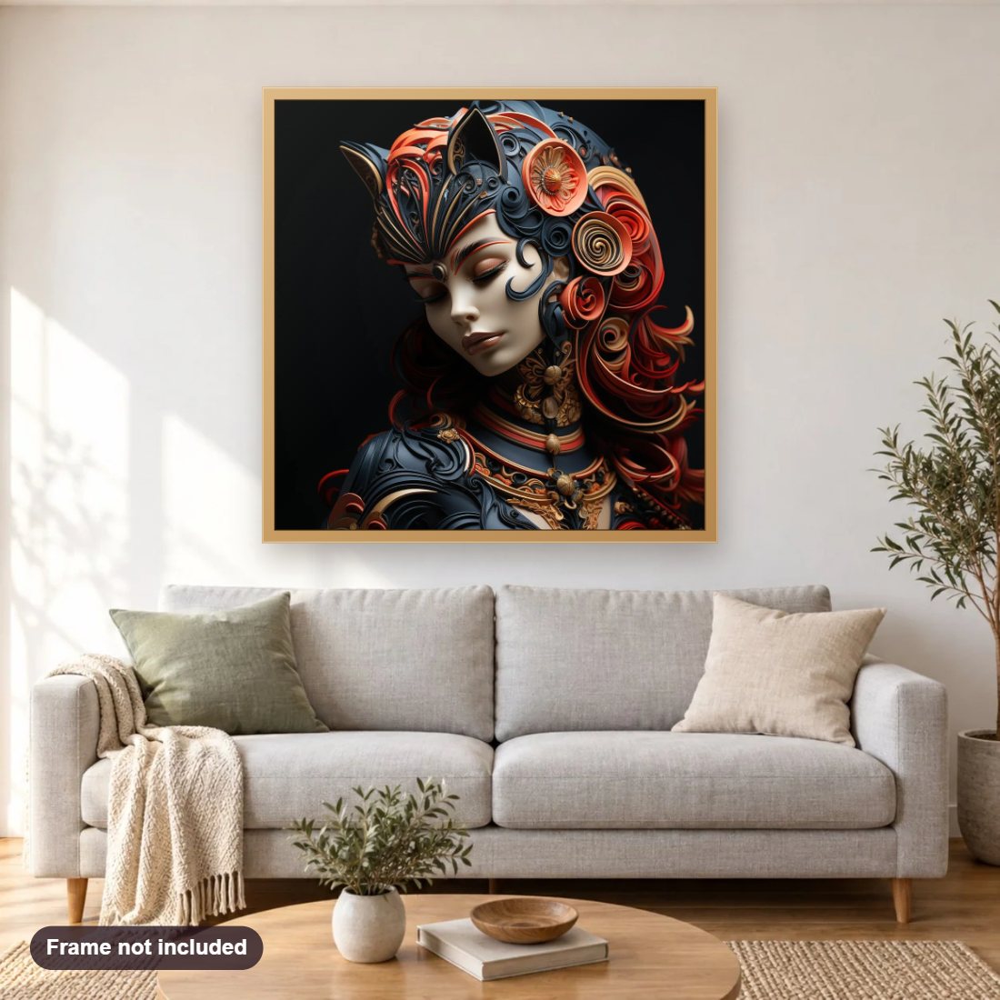 Catwoman diamond painting shown framed on a living room wall above a sofa