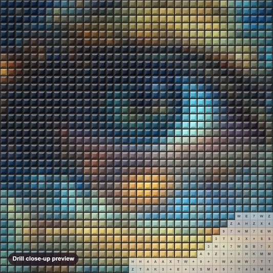 Close-up preview of the Celestial Canvas in the Eye's Reflection diamond painting with square 5D drills and printed canvas symbols