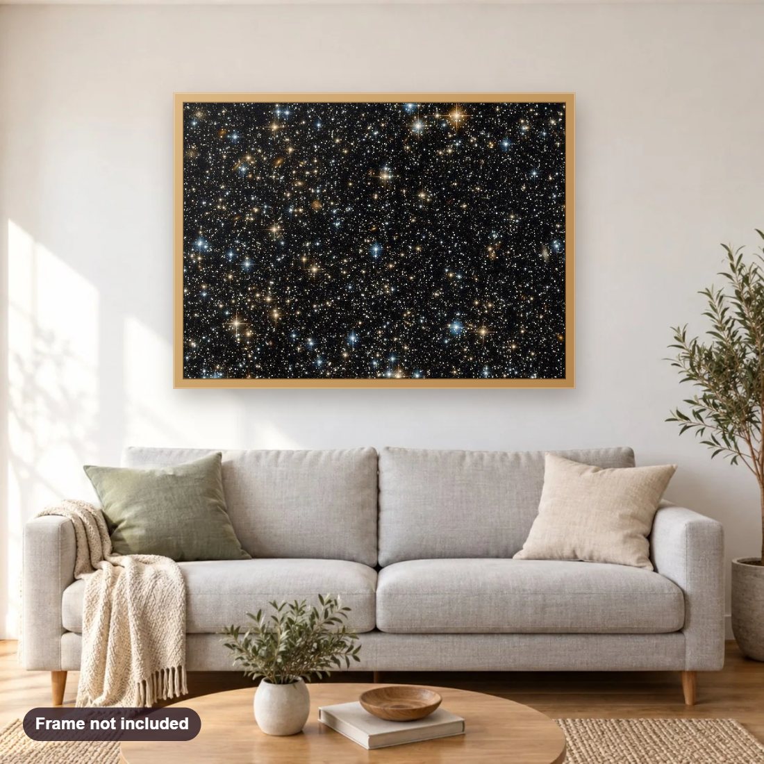 Celestial Sidekick diamond painting shown framed on a living room wall above a sofa