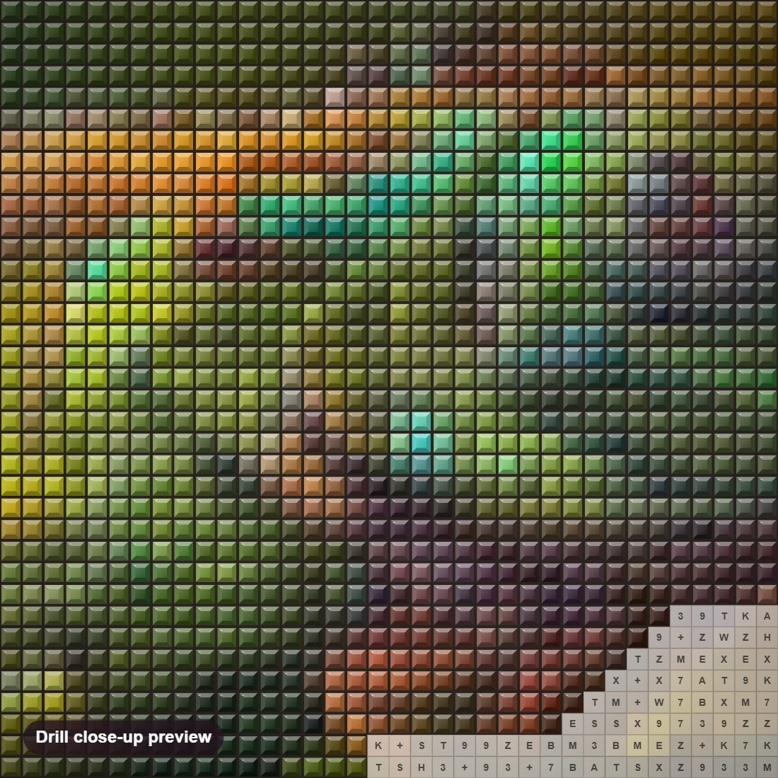 Close-up preview of the chameleon Close up diamond painting with square 5D drills and printed canvas symbols