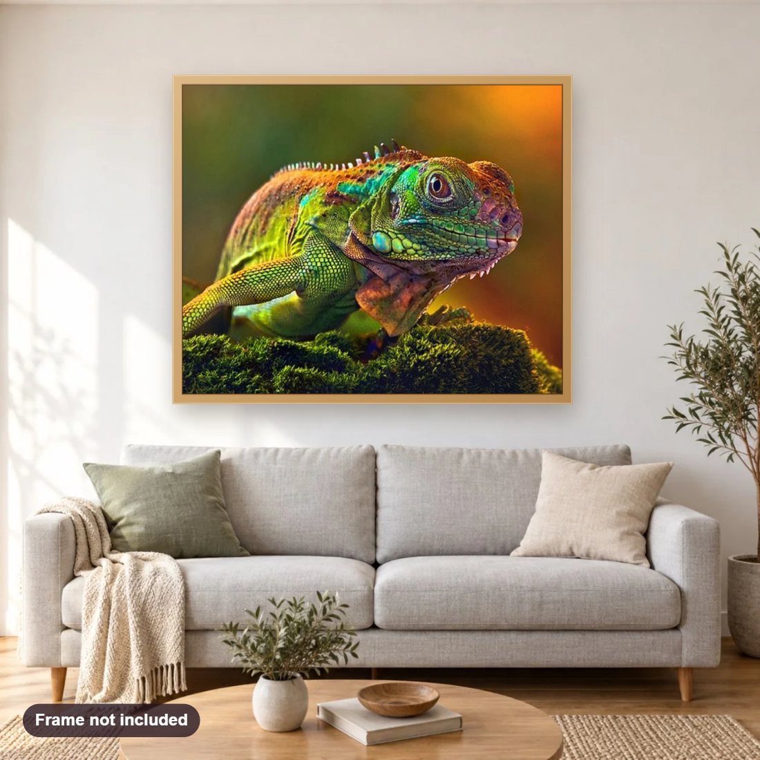 chameleon Close up diamond painting shown framed on a living room wall above a sofa
