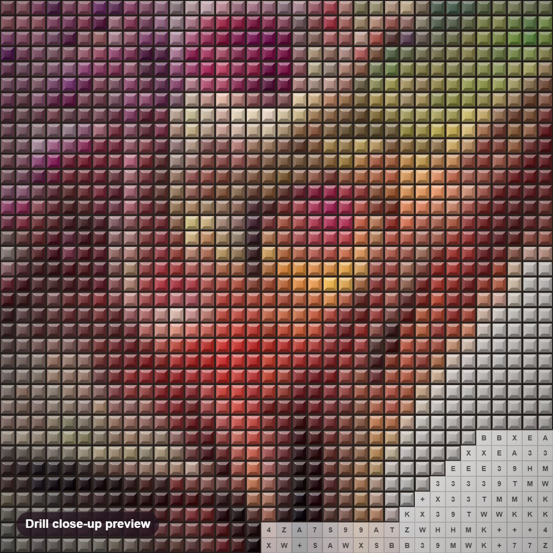 Close-up preview of the Chameleon diamond painting with square 5D drills and printed canvas symbols