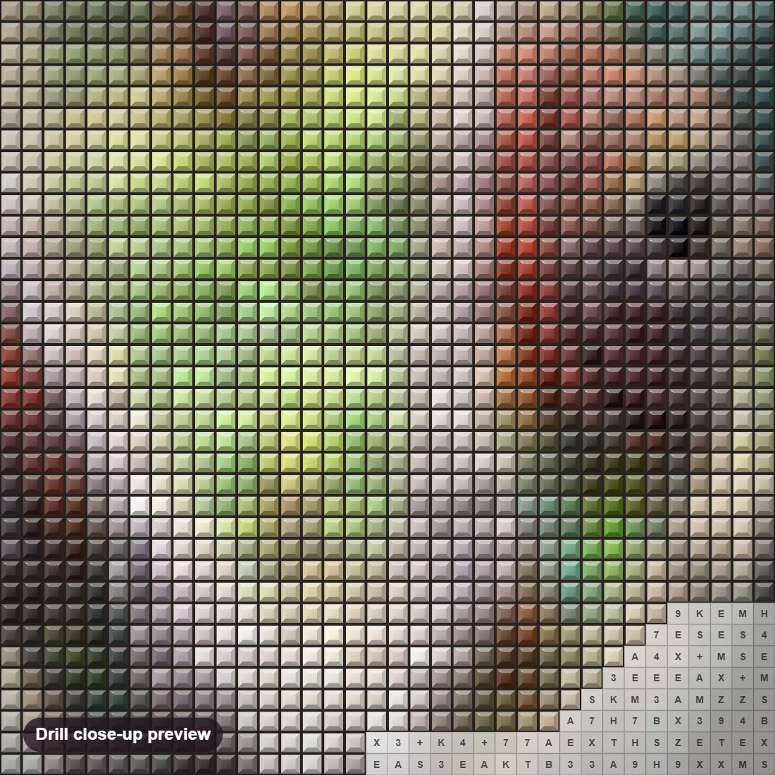 Close-up preview of the Chameleon Face diamond painting with square 5D drills and printed canvas symbols