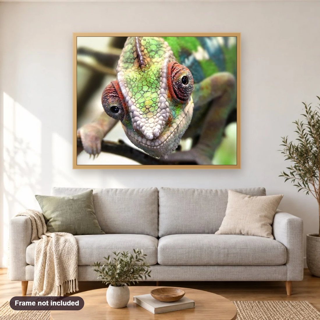Chameleon Face diamond painting shown framed on a living room wall above a sofa