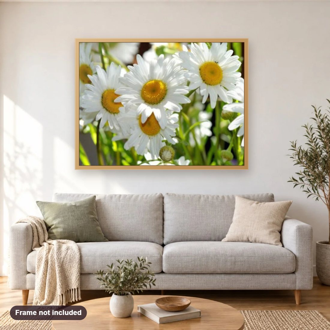 Chamomile Flowers diamond painting shown framed on a living room wall above a sofa