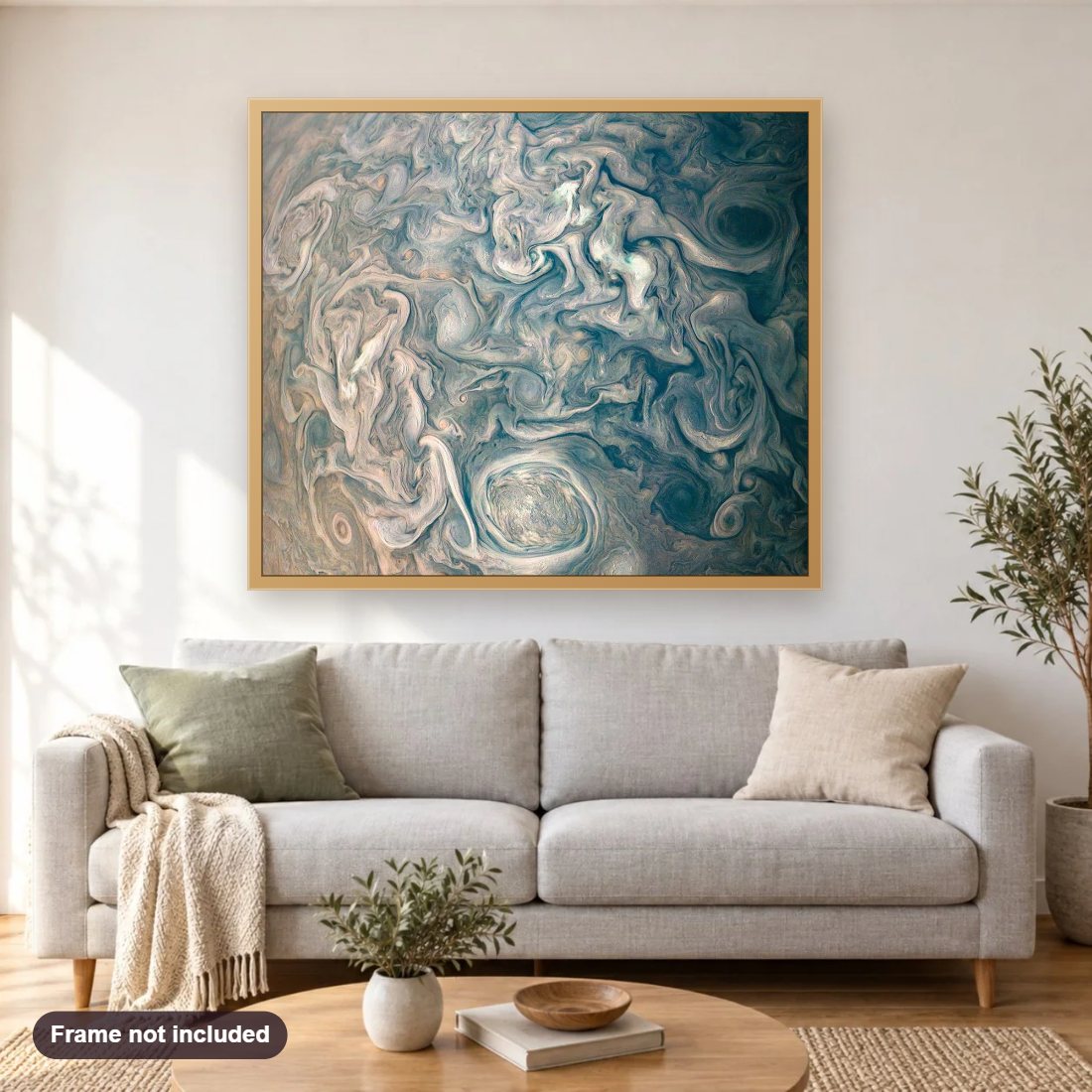 Chaotic Clouds of Jupiter diamond painting shown framed on a living room wall above a sofa