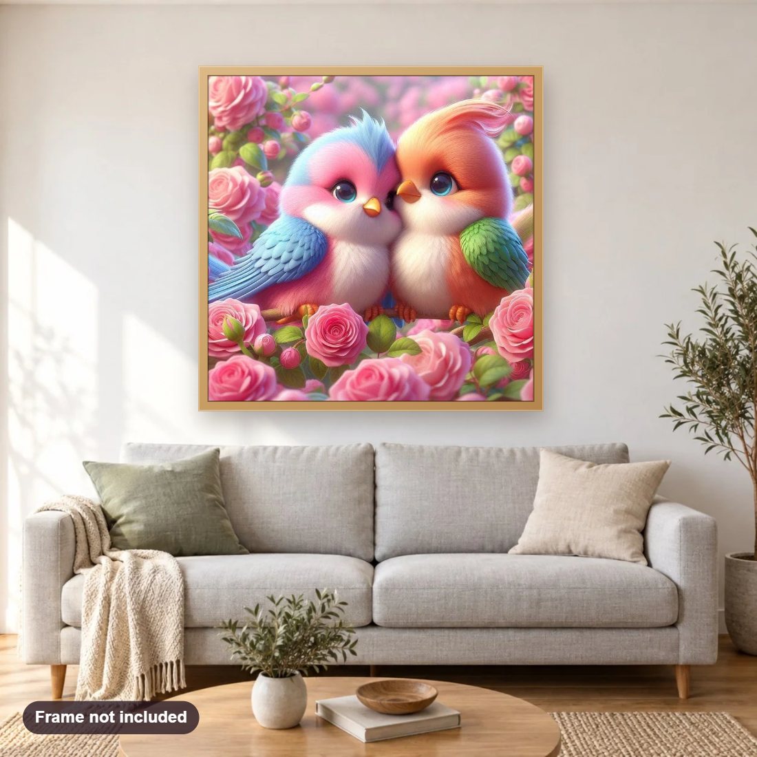 Charm of Little Birds diamond painting shown framed on a living room wall above a sofa