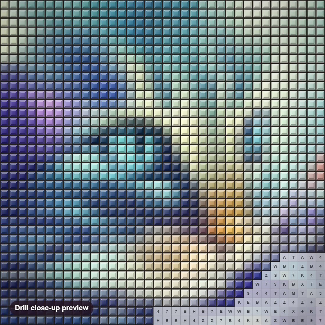 Close-up preview of the Charming Cat diamond painting with square 5D drills and printed canvas symbols