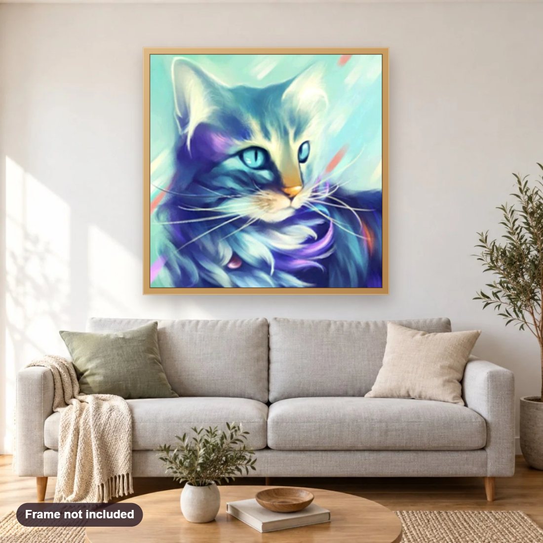 Charming Cat diamond painting shown framed on a living room wall above a sofa