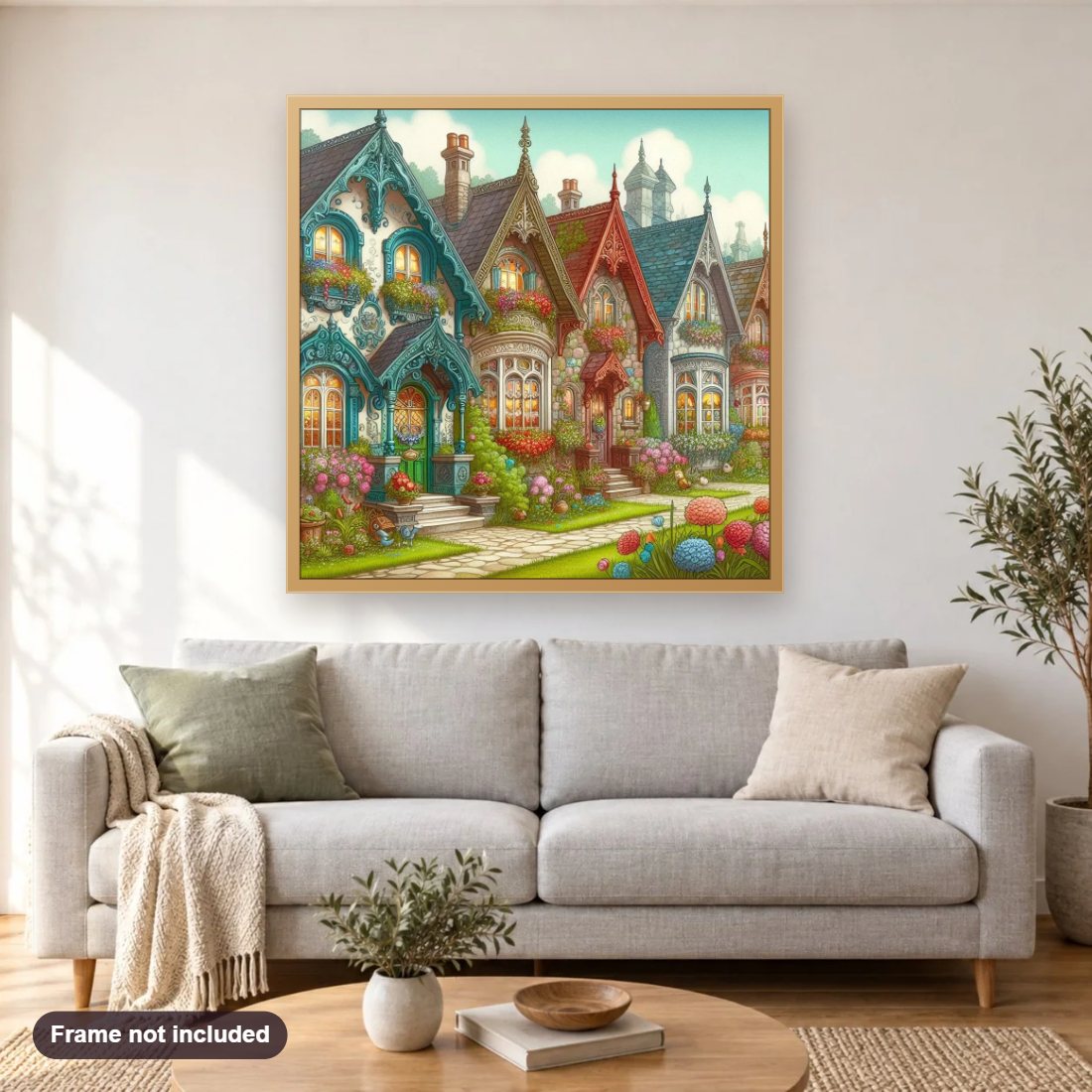 Charming Cottage Row diamond painting shown framed on a living room wall above a sofa