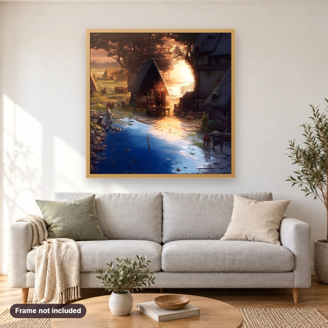 Charming Village Life by the Water diamond painting shown framed on a living room wall above a sofa