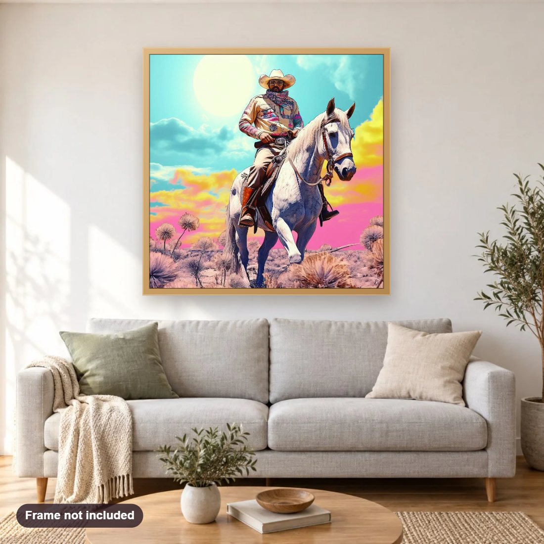 Chasing Rainbows on Horseback diamond painting shown framed on a living room wall above a sofa