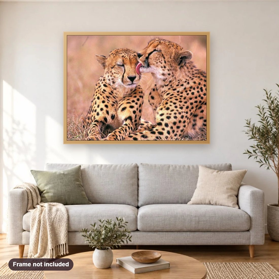 Cheetah Pair in Love diamond painting shown framed on a living room wall above a sofa