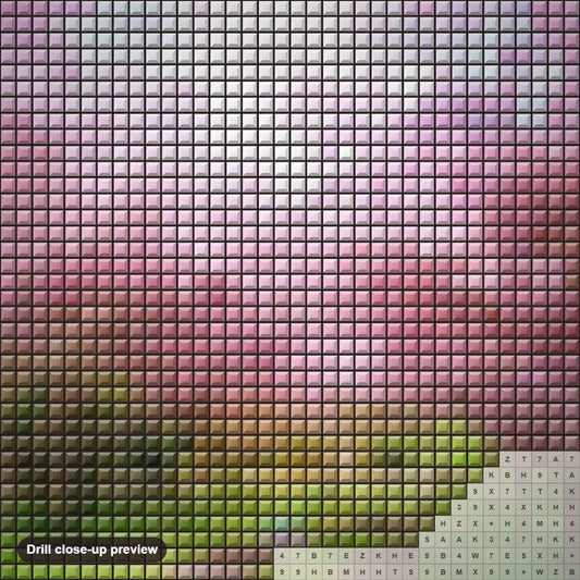 Close-up preview of the Cherry Blossom Lane diamond painting with square 5D drills and printed canvas symbols
