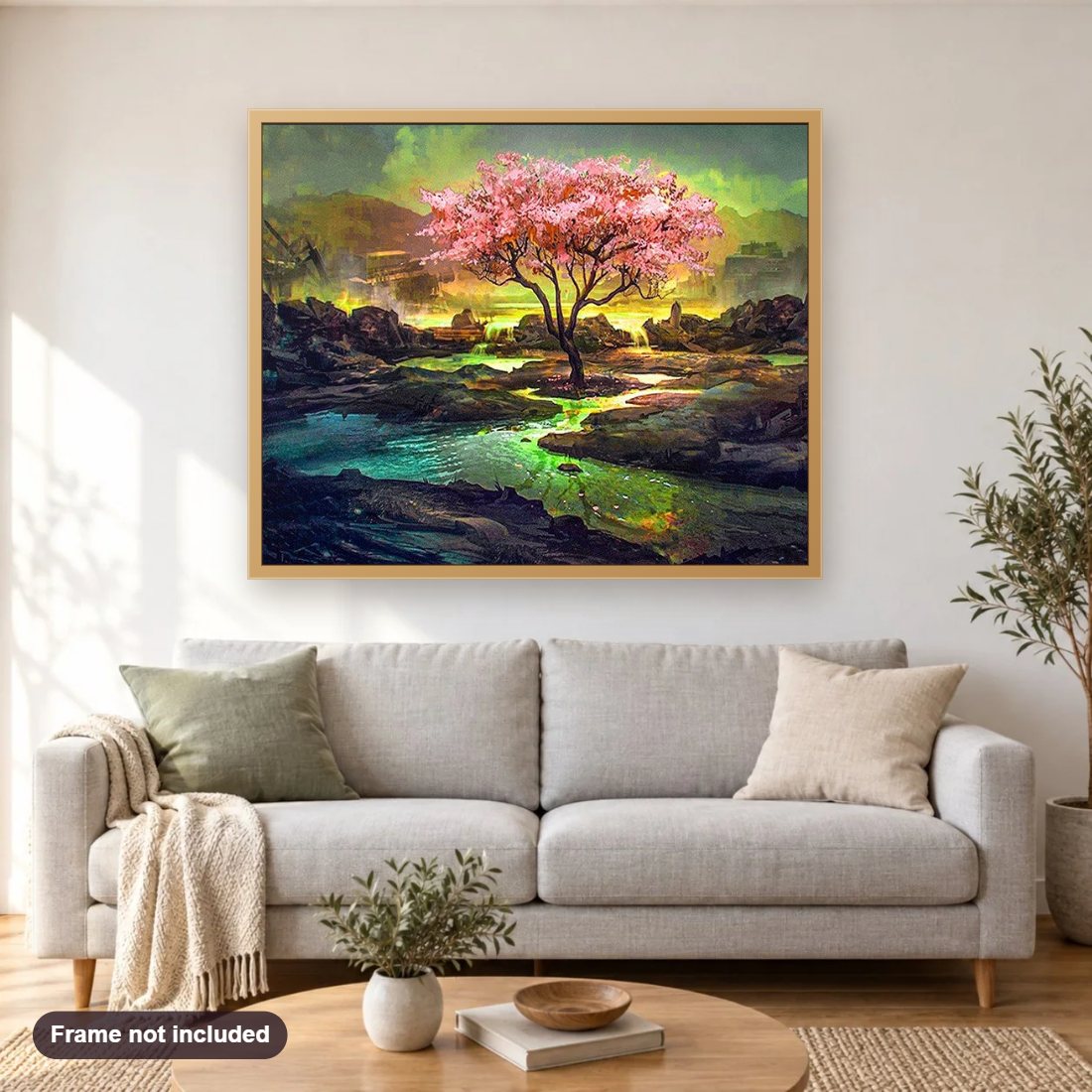 Cherry Blossom diamond painting shown framed on a living room wall above a sofa