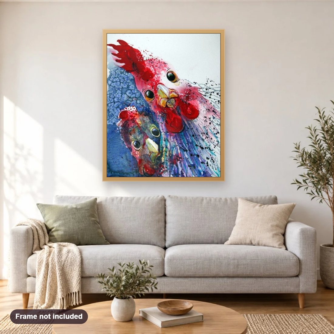 Chicken Art diamond painting shown framed on a living room wall above a sofa